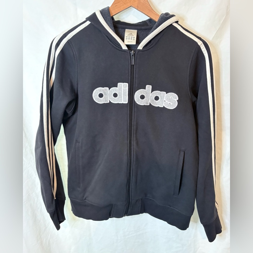 Adidas Black Zip-Up Hoodie with Silver Sparkle Logo Size Medium